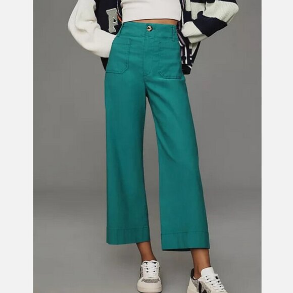 Anthropologie Maeve The Colette Cropped Wide-Leg Pants Green Petite NWT